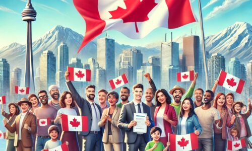 DALL·E 2024-09-05 06.47.48 - An inspiring image representing the concept of Canadian Permanent Residency (PR). The scene shows a diverse group of people standing together with hap چه مواردی باعث لغو pr کانادا می شود