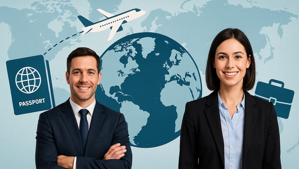 دو فرد حرفه‌ای با پس‌زمینه پاسپورت و هواپیما