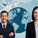 دو فرد حرفه‌ای با پس‌زمینه پاسپورت و هواپیما