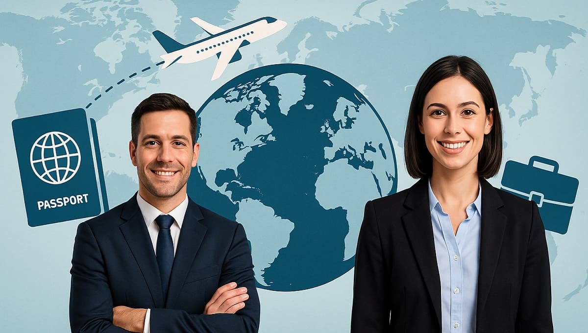 دو فرد حرفهای با پسزمینه پاسپورت و هواپیما